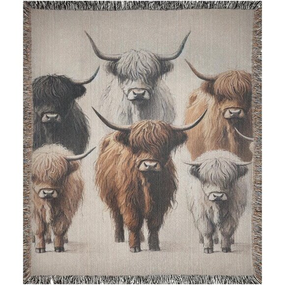 Highland Cow Cotton Woven Throw Blanket Fringe Farmhouse Rustic Decor - Picture 2 of 4